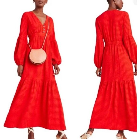 Anthropologie Dresses & Skirts - Anthropologie Amadi Alisha Linen Maxi Dress XL Long Sleeves Textured Holiday Red